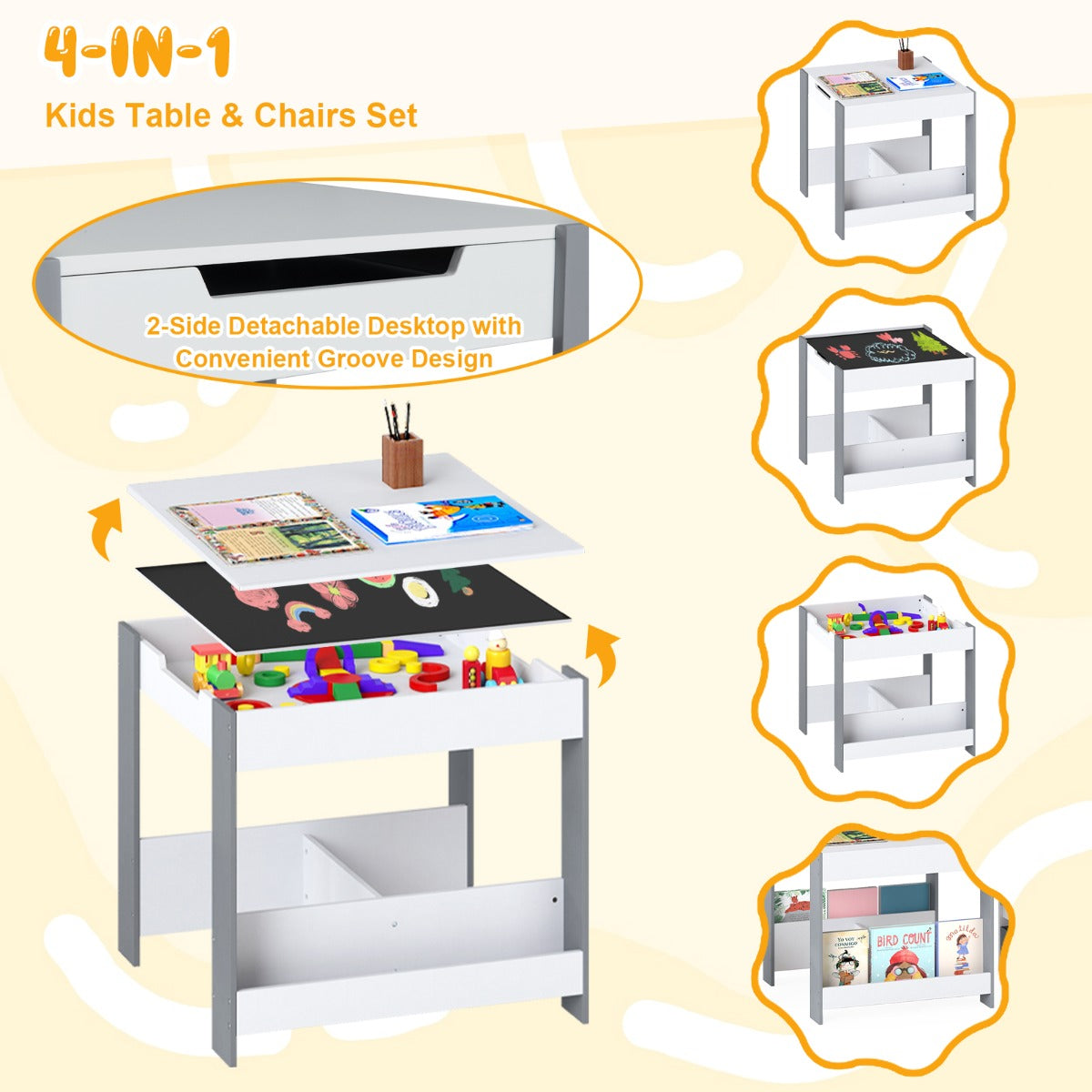 Livsk costway kindertafel en stoelset houten peuteractiviteitentafel met opklapbaar blad boekenplank en lades grijs 3