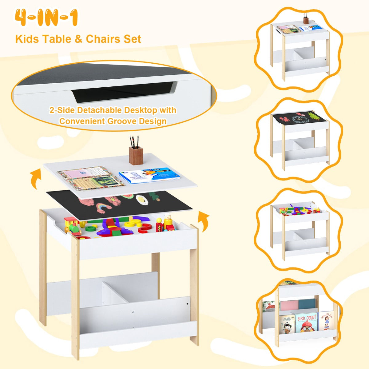 Livsk costway kindertafel en stoelset houten peuteractiviteitentafel met opklapbaar blad boekenplank en lades naturel 3 1