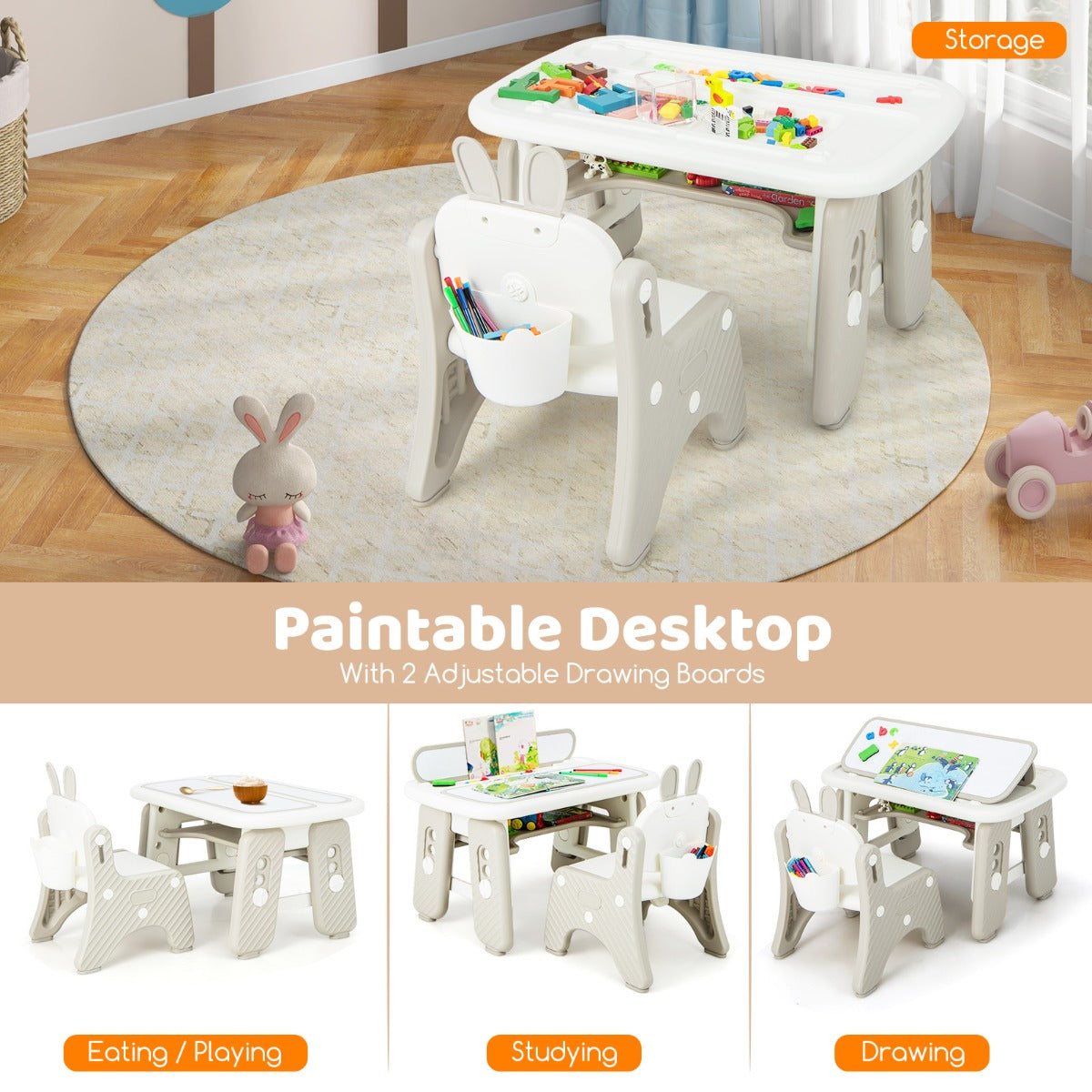 LIVSK Kindertafel en Stoelset - Verstelbare Hoogtes - Opklapbaar Boekenrek - Ergonomisch - Voor Kinderen van 1 tot 12 jaar - Grijs