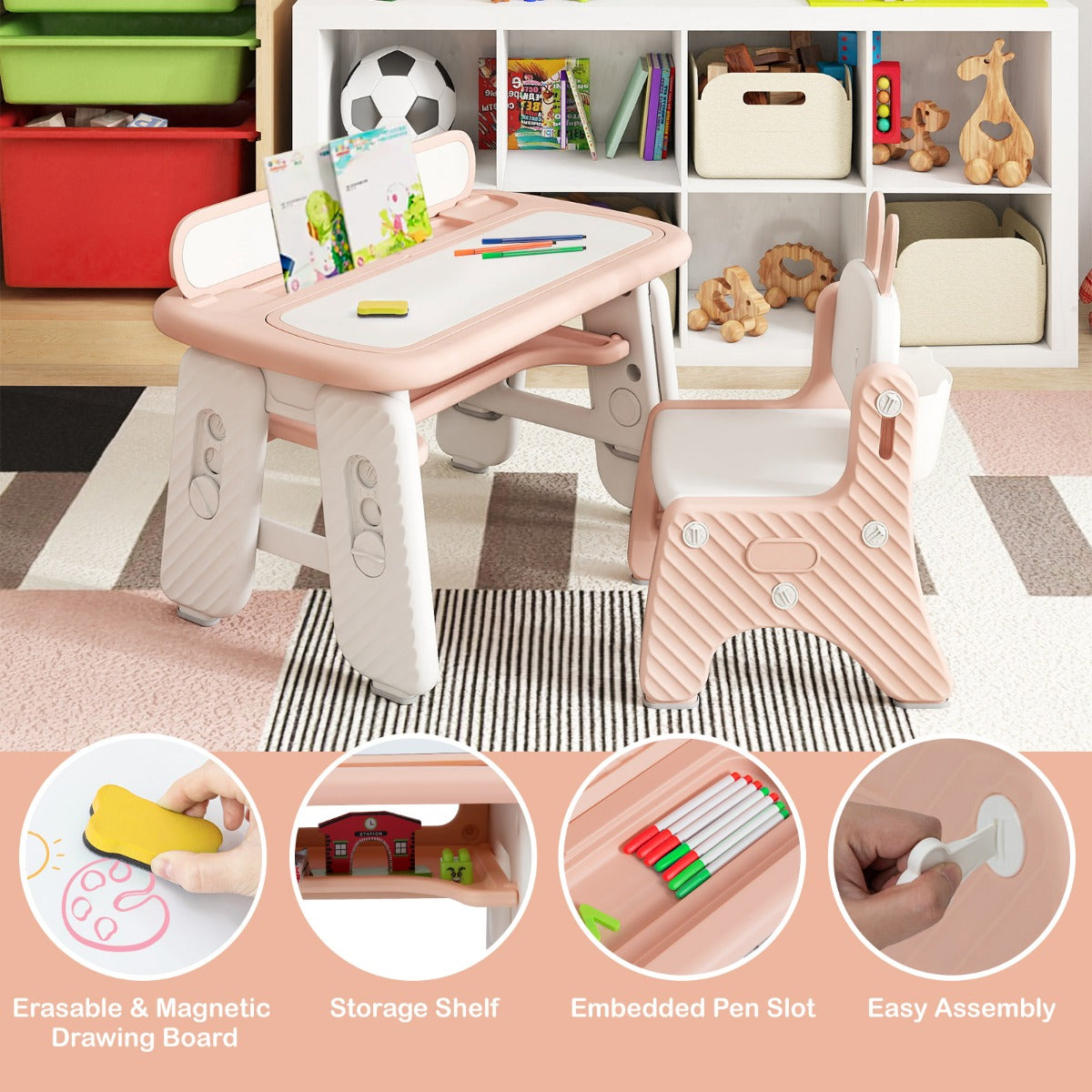 Livsk costway kindertafel en stoelset kunsttafel en stoel voor peuters met opklapbaar boekenrek roze 3