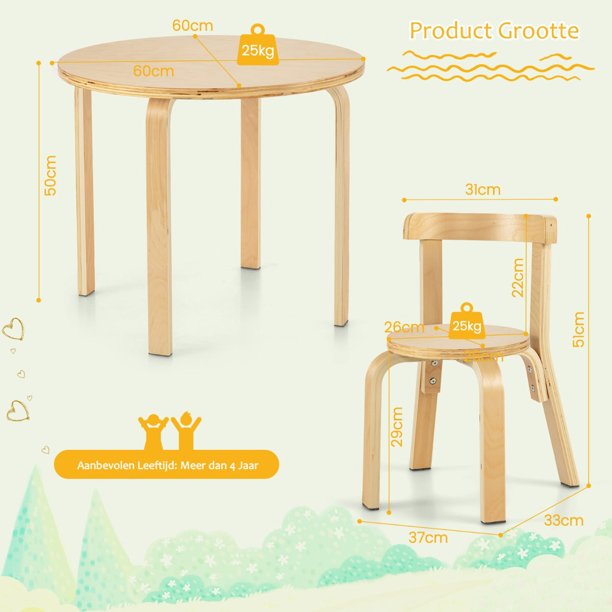 Livsk costway kindertafel houten tafel met 4 stoelen kindertafel en stoelset met rugleuning natuurlijk 1