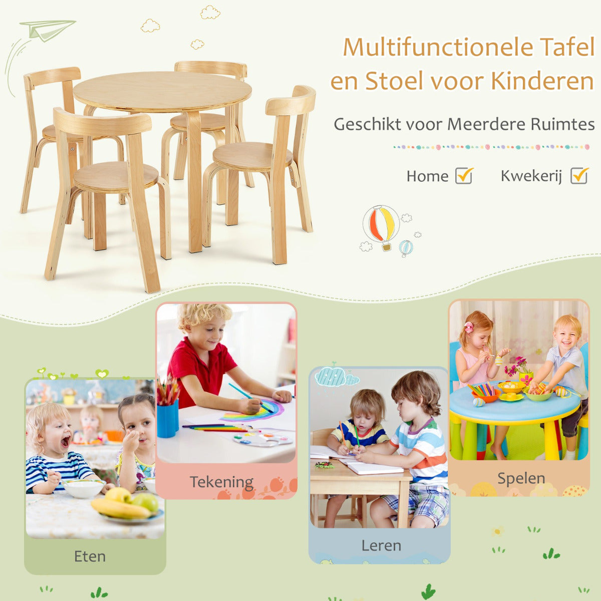 Livsk costway kindertafel houten tafel met 4 stoelen kindertafel en stoelset met rugleuning natuurlijk