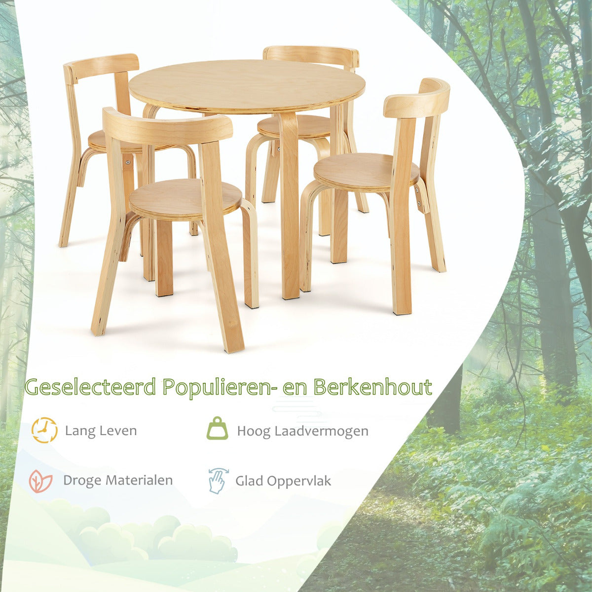 Livsk costway kindertafel houten tafel met 4 stoelen kindertafel en stoelset met rugleuning natuurlijk