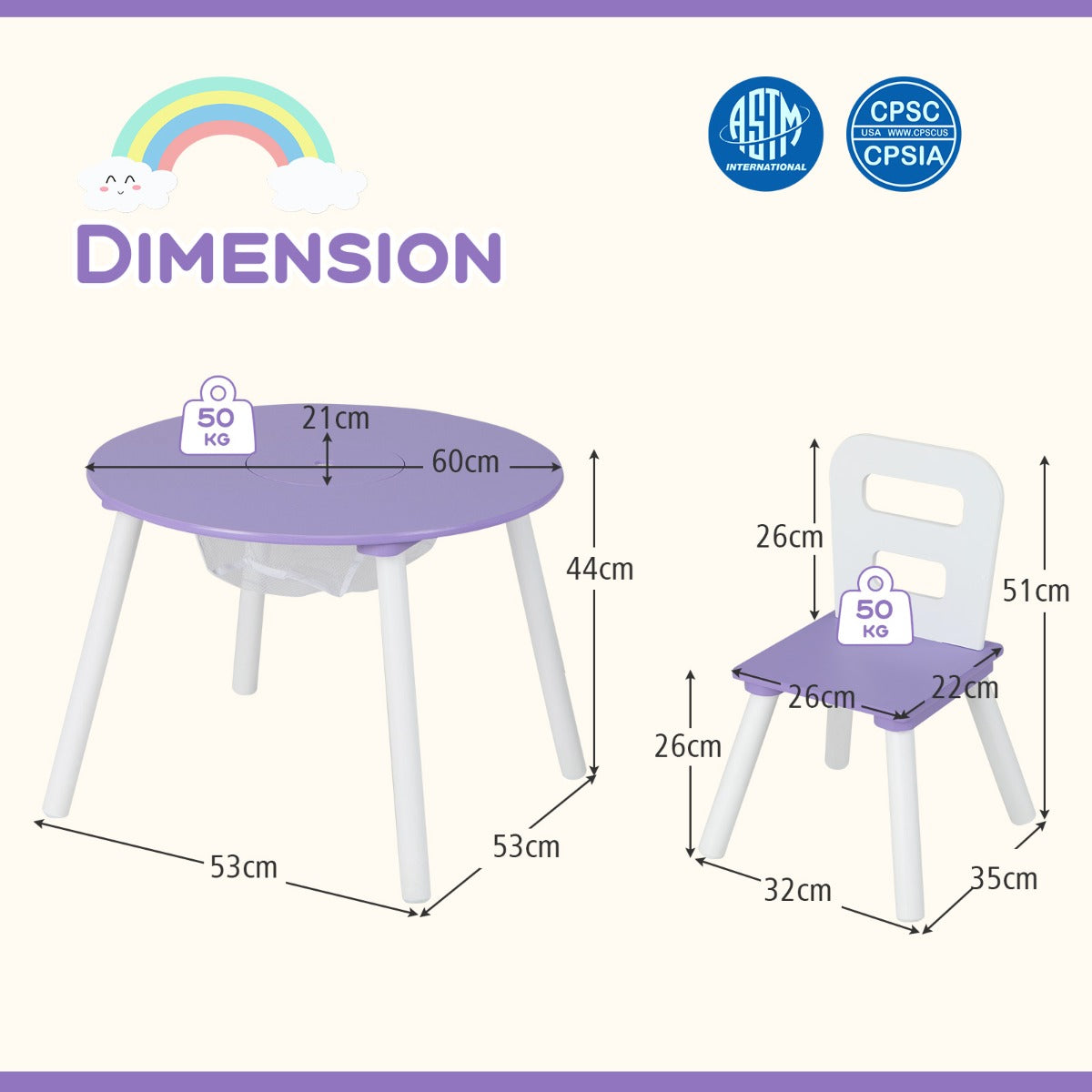 LIVSK Kindermeubelset - 3-Delig Houten Set met 2 Stoelen en Ronde Tafel - Stimuleert Motoriek - Veilig en Ergonomisch - Paars