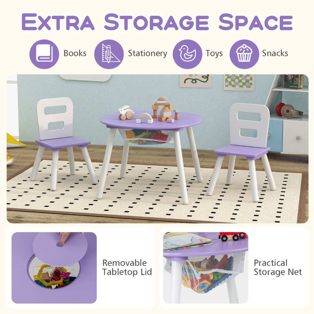 LIVSK Kindermeubelset - 3-Delig Houten Set met 2 Stoelen en Ronde Tafel - Stimuleert Motoriek - Veilig en Ergonomisch - Paars