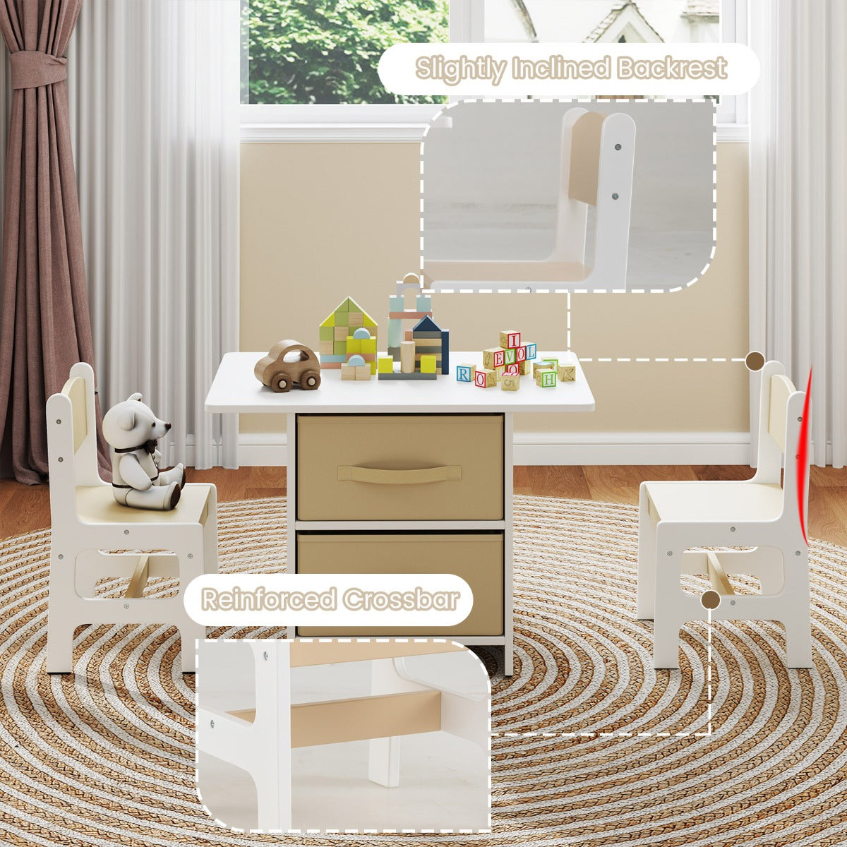 LIVSK Kindertafel en Stoelset - Activiteitstafel met 2 Stoelen - Opbergvakken met Uitneembare Laden - Voor Kinderen 3+ - Grijs +