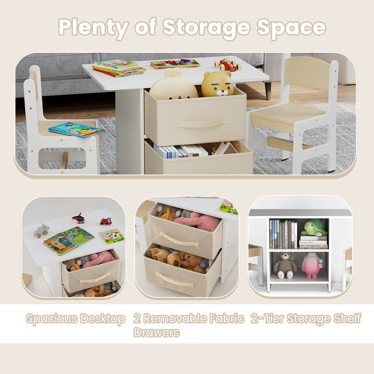 LIVSK Kindertafel en Stoelset - Activiteitstafel met 2 Stoelen - Opbergvakken met Uitneembare Laden - Voor Kinderen 3+ - Grijs +
