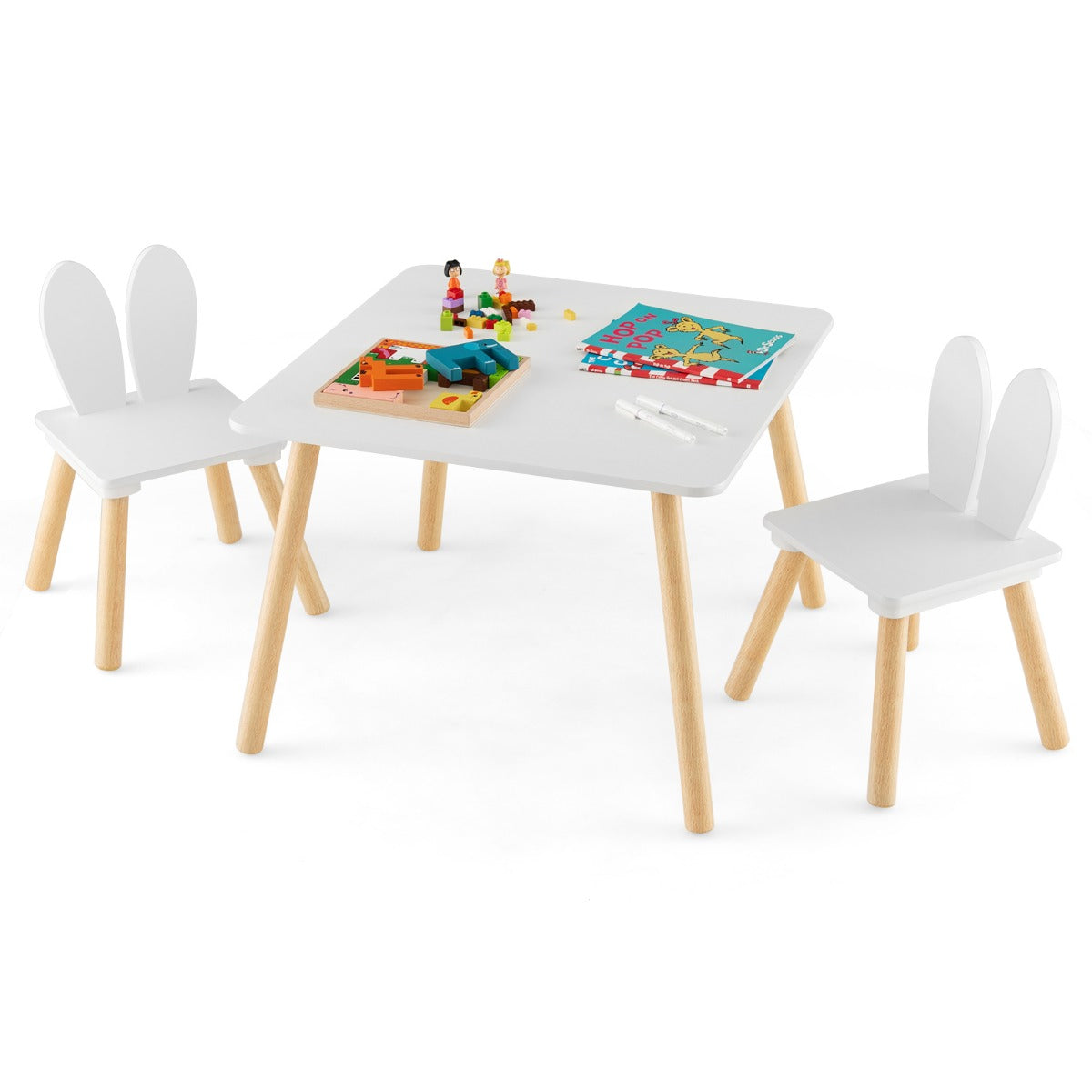 LIVSK Kindertafelset - Inclusief 2 Stoelen met Hazenoren - Ergonomisch en Veilig - Tot 40 kg per Stoel - Wit