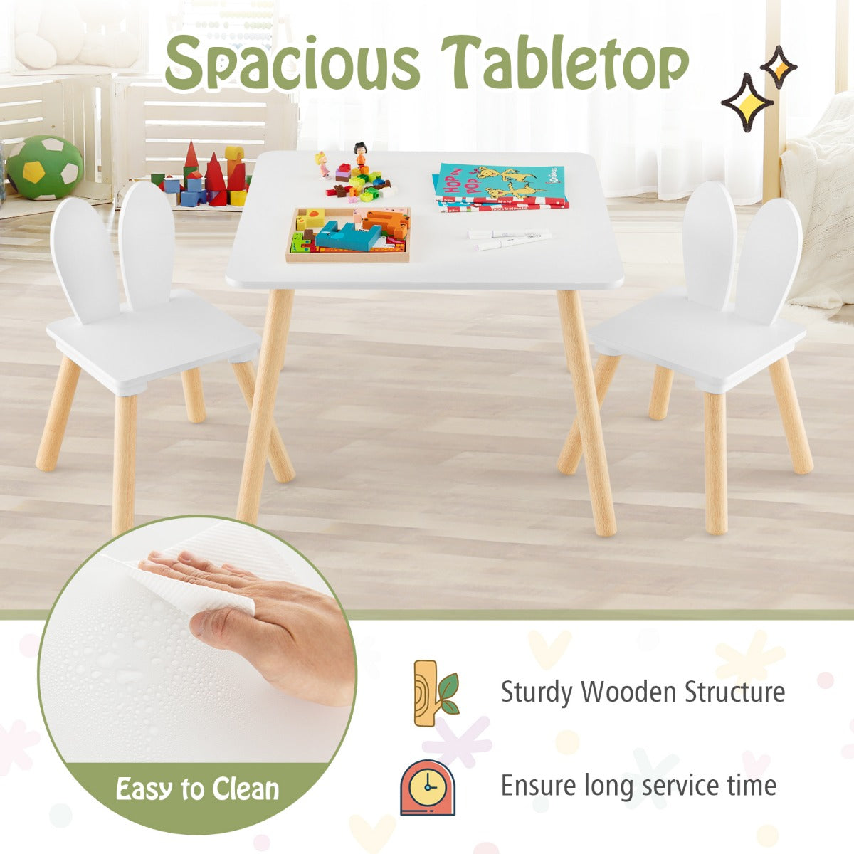 LIVSK Kindertafelset - Inclusief 2 Stoelen met Hazenoren - Ergonomisch en Veilig - Tot 40 kg per Stoel - Wit