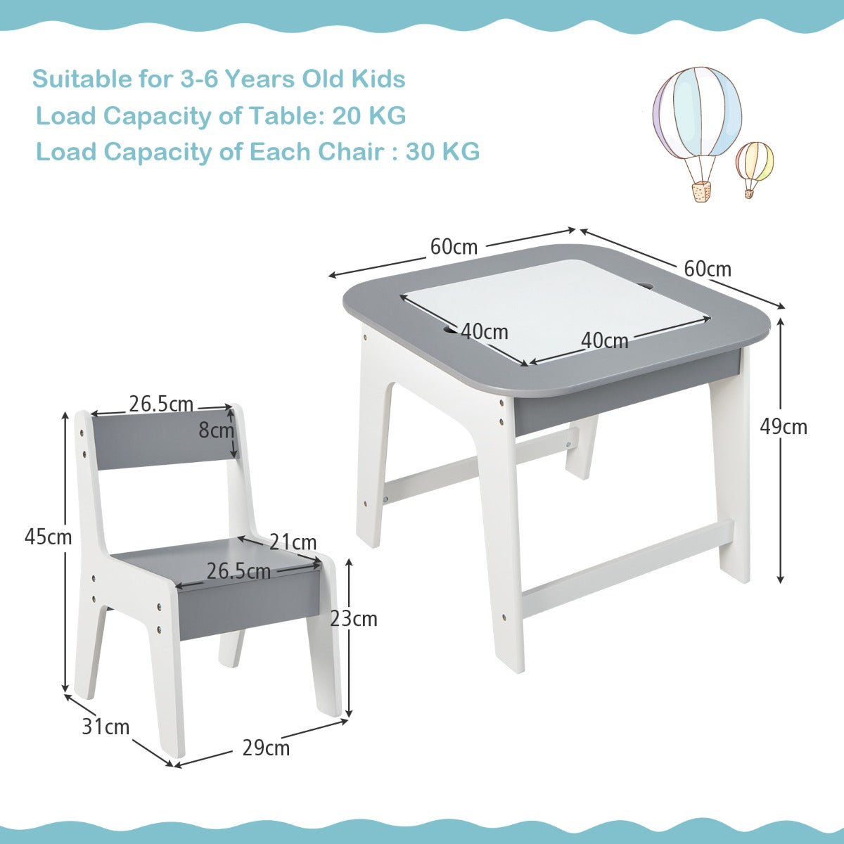 LIVSK Kindertafel met Stoelen - Dubbelzijdig Tafelblad - Verborgen Opbergruimte - Ergonomische Stoelen - Grijs/Naturel