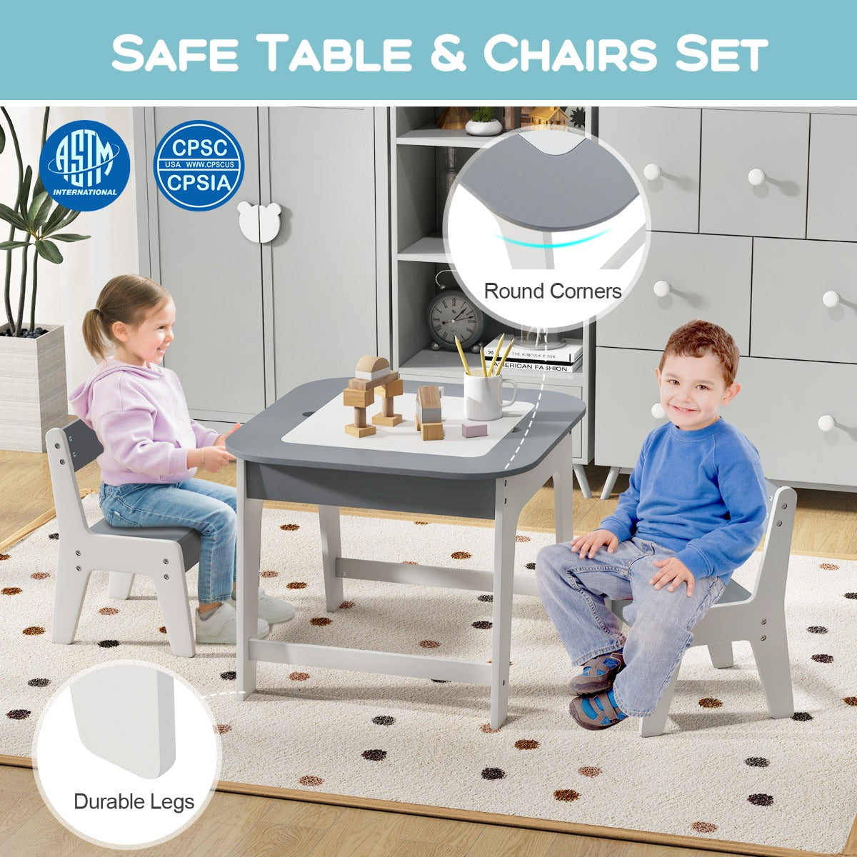 LIVSK Kindertafel met Stoelen - Dubbelzijdig Tafelblad - Verborgen Opbergruimte - Ergonomische Stoelen - Grijs/Naturel