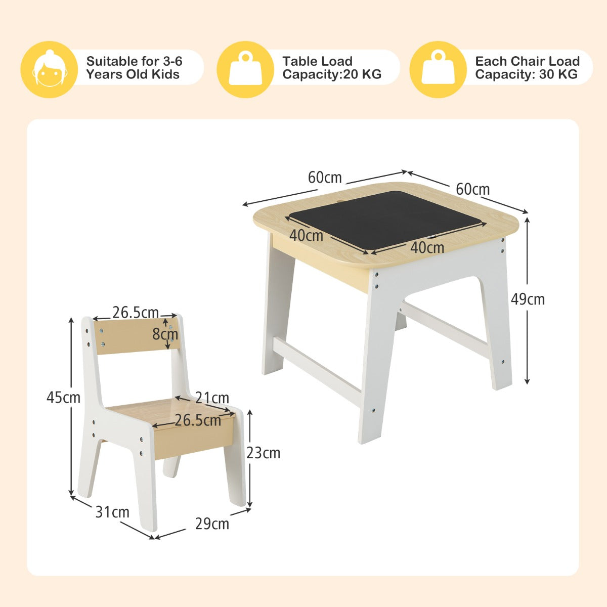 LIVSK Kindertafel met Stoelen - Dubbelzijdig Tafelblad - Verborgen Opbergruimte - Ergonomische Stoelen - 60 x 60 x 49 cm -