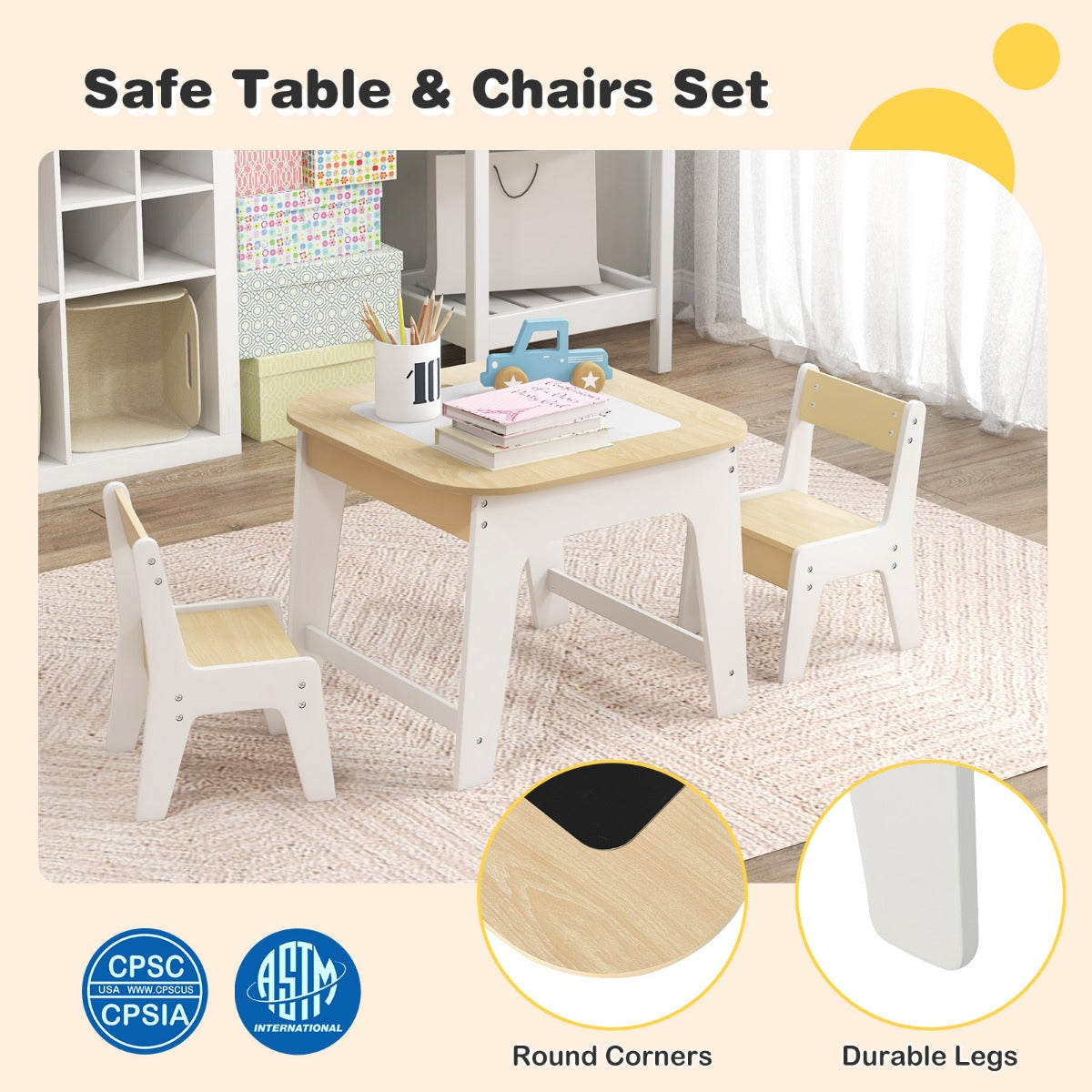 LIVSK Kindertafel met Stoelen - Dubbelzijdig Tafelblad - Verborgen Opbergruimte - Ergonomische Stoelen - 60 x 60 x 49 cm -