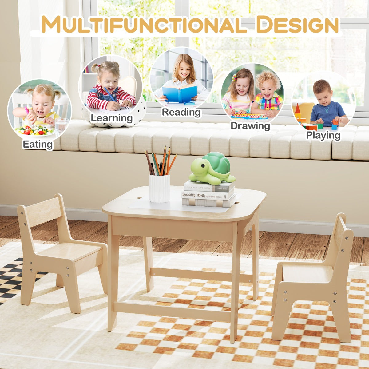 LIVSK Kindertafel met 2 Stoelen - Dubbelzijdig Tafelblad - Verborgen Opbergruimte - Ergonomische Stoelen - Voor Kinderen van 3-6