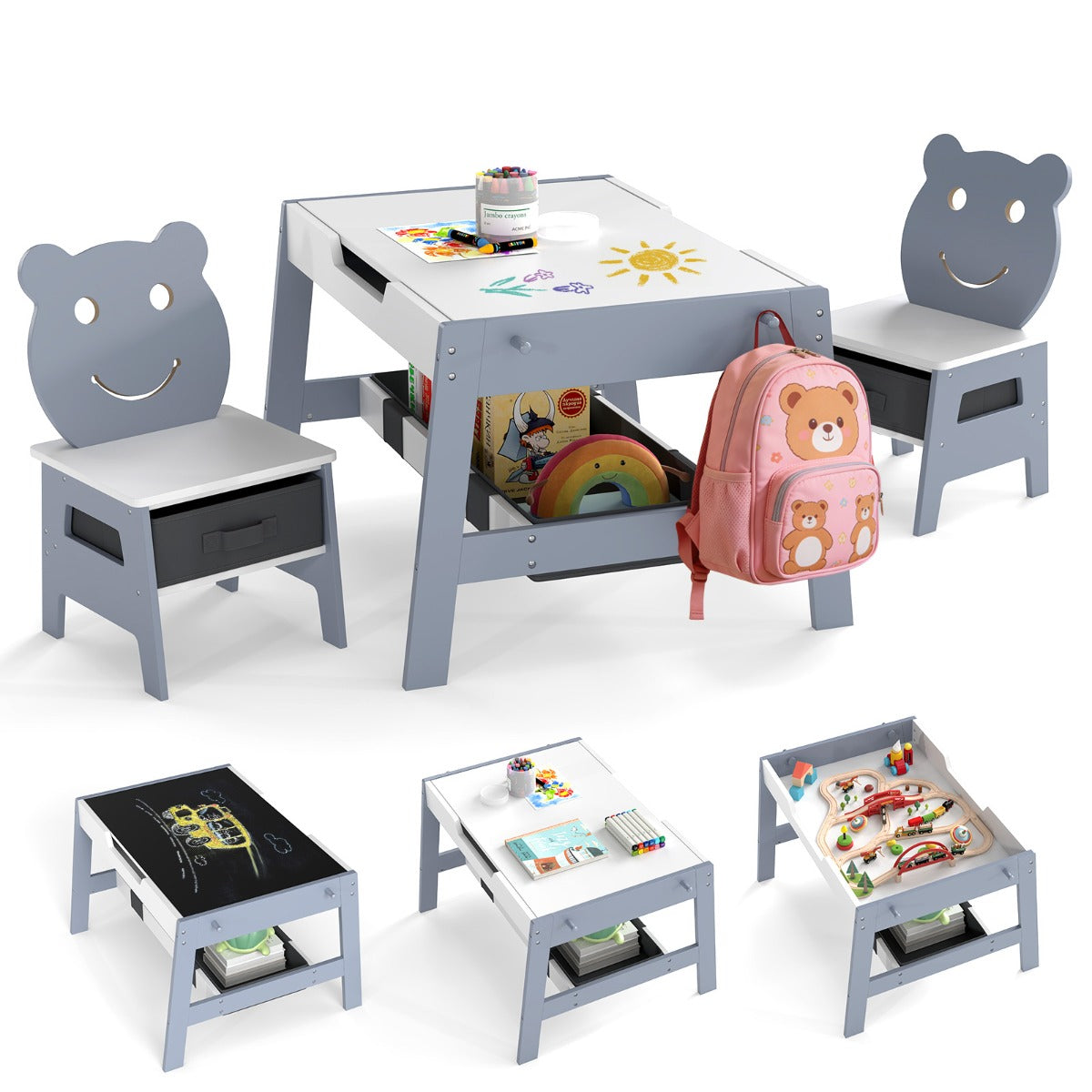 Livsk costway kindertafel met 2 stoelen 5 in 1 schattige kinderbureau set met omkeerbaar schoolbord whiteboard 4 haken opbergruimte en bakjes grijs model 1 1