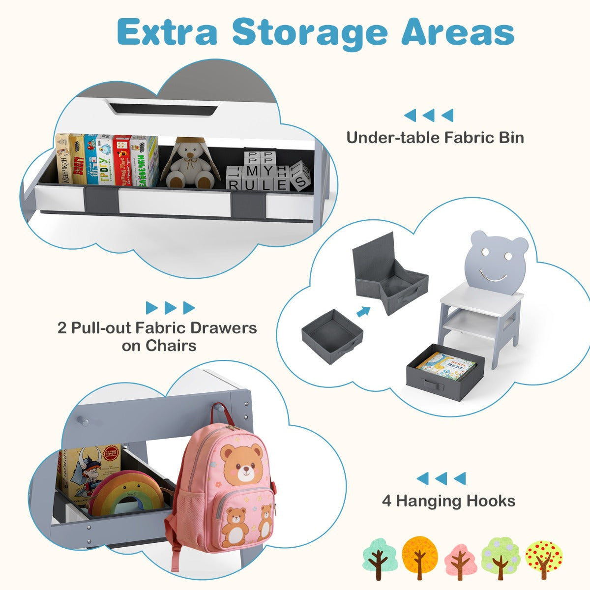 Livsk costway kindertafel met 2 stoelen 5 in 1 schattige kinderbureau set met omkeerbaar schoolbord whiteboard 4 haken opbergruimte en bakjes grijs model 1