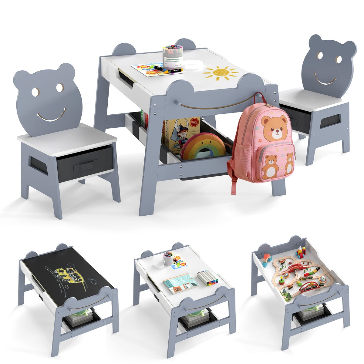 Livsk costway kindertafel met 2 stoelen 5 in 1 schattige kinderbureau set met omkeerbaar schoolbord whiteboard 4 haken opbergruimte en bakjes grijs model 2 1