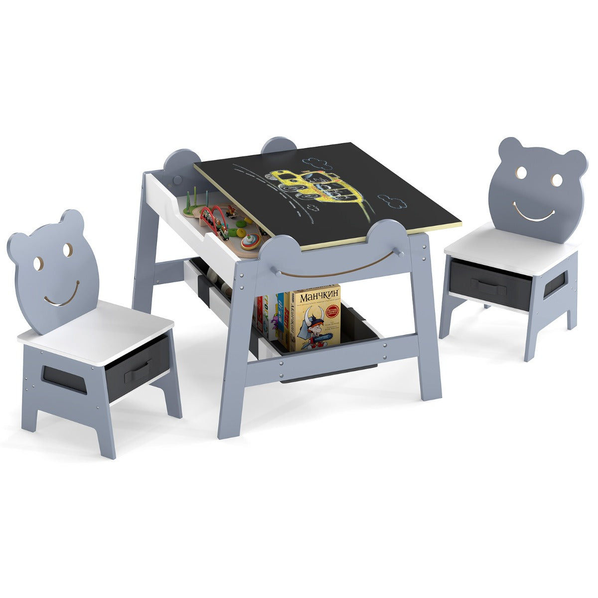 Livsk costway kindertafel met 2 stoelen 5 in 1 schattige kinderbureau set met omkeerbaar schoolbord whiteboard 4 haken opbergruimte en bakjes grijs model