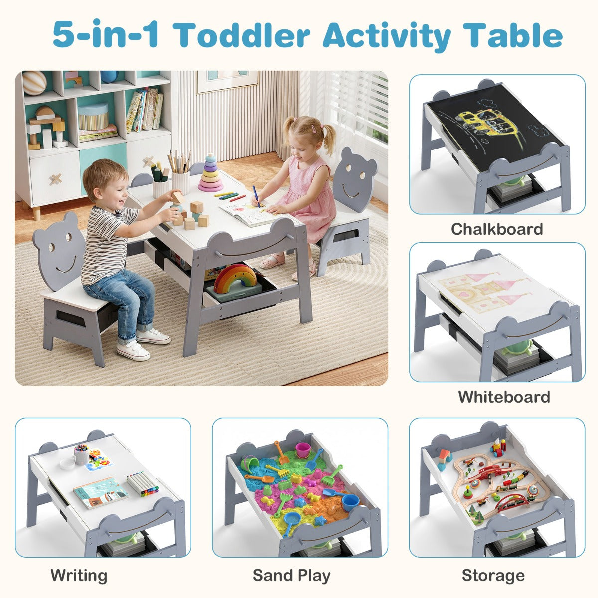Livsk costway kindertafel met 2 stoelen 5 in 1 schattige kinderbureau set met omkeerbaar schoolbord whiteboard 4 haken opbergruimte en bakjes grijs model 2