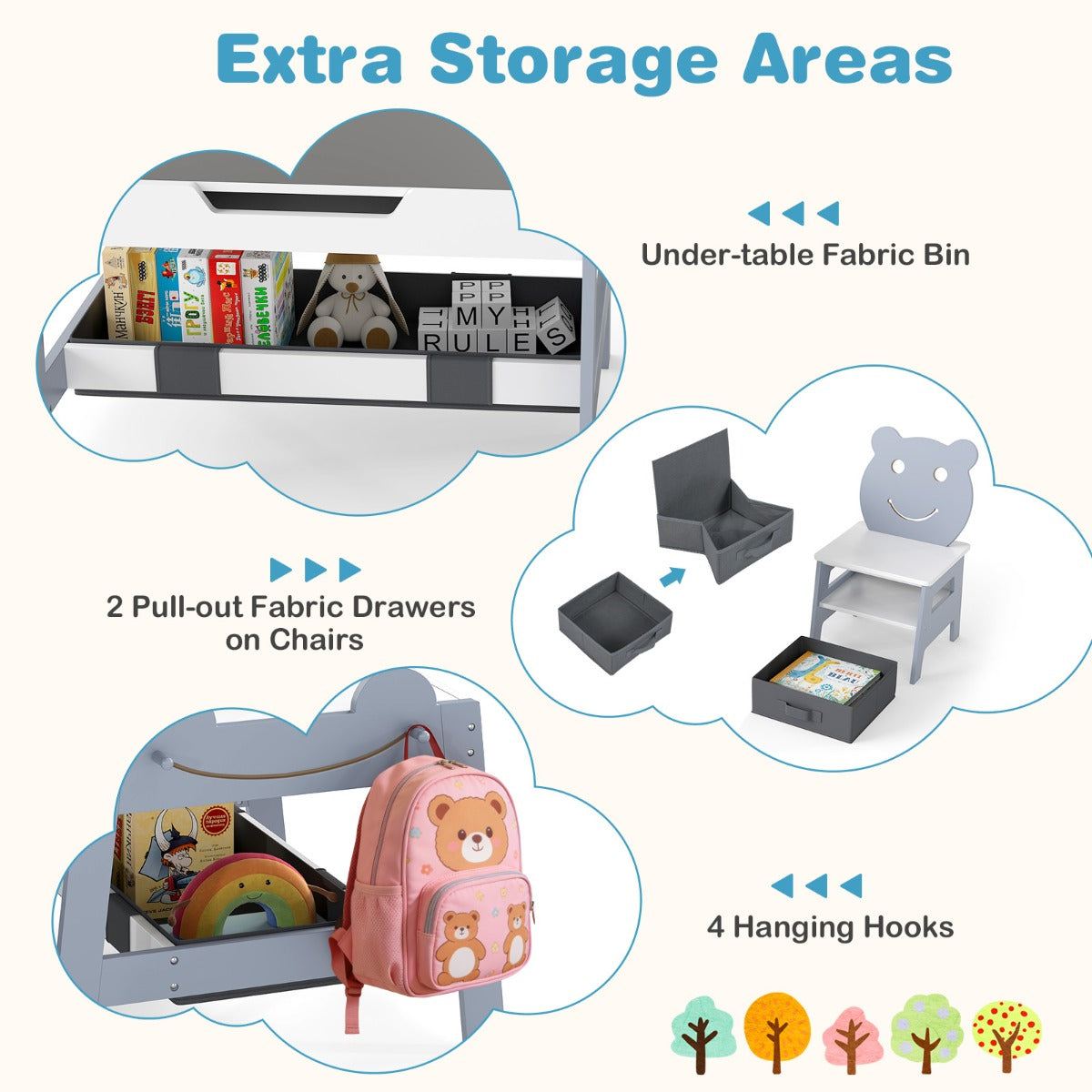 Livsk costway kindertafel met 2 stoelen 5 in 1 schattige kinderbureau set met omkeerbaar schoolbord whiteboard 4 haken opbergruimte en bakjes grijs model 2