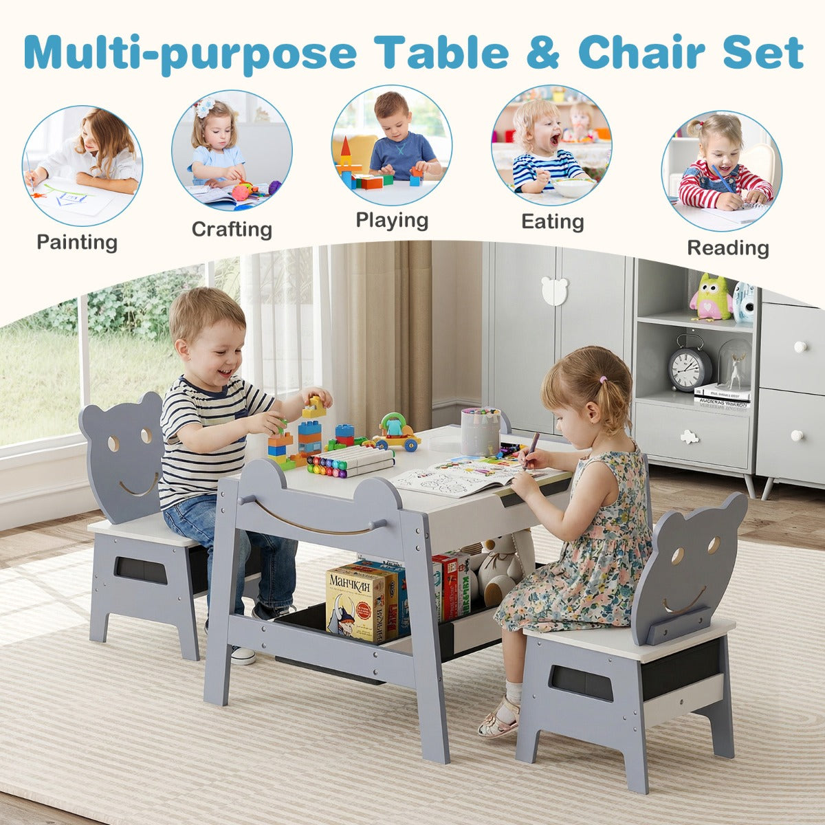 Livsk costway kindertafel met 2 stoelen 5 in 1 schattige kinderbureau set met omkeerbaar schoolbord whiteboard 4 haken opbergruimte en bakjes grijs model 2