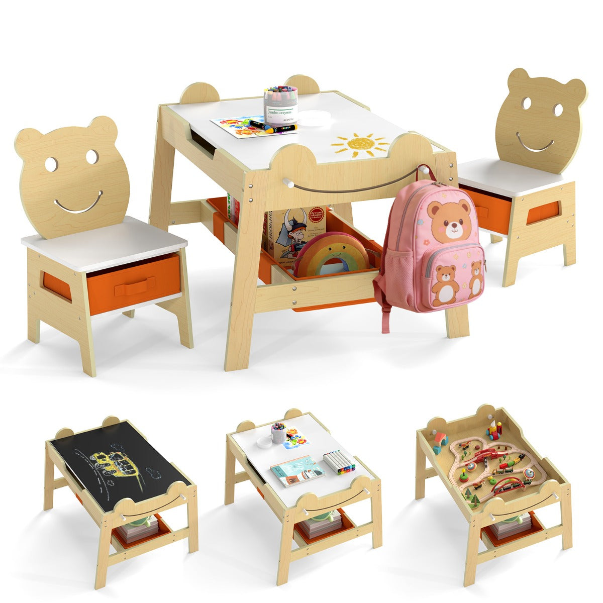Livsk costway kindertafel met 2 stoelen 5 in 1 schattige kinderbureau set met omkeerbaar schoolbord whiteboard 4 haken opbergruimte en bakjes naturel model 2 1