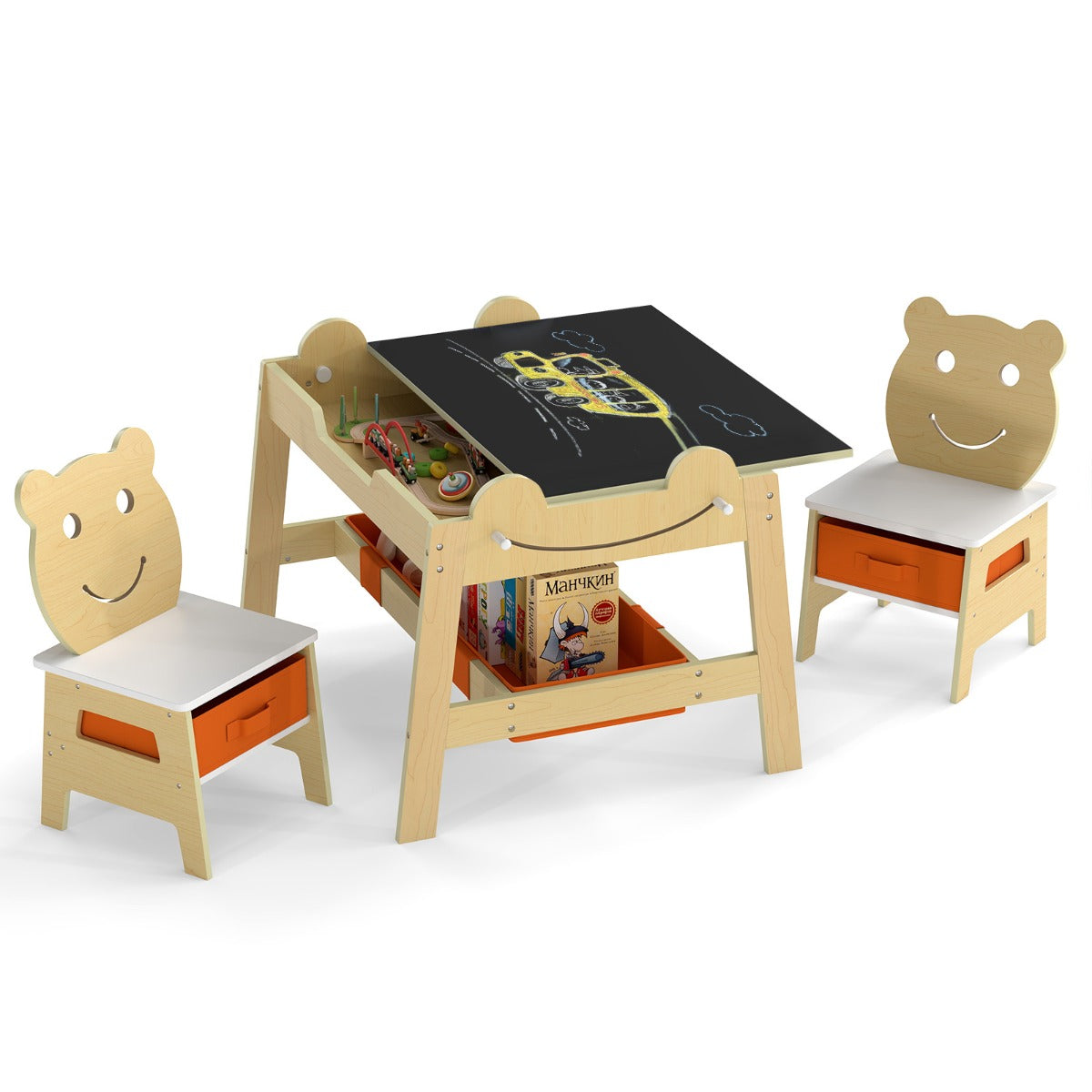 Livsk costway kindertafel met 2 stoelen 5 in 1 schattige kinderbureau set met omkeerbaar schoolbord whiteboard 4 haken opbergruimte en bakjes naturel model