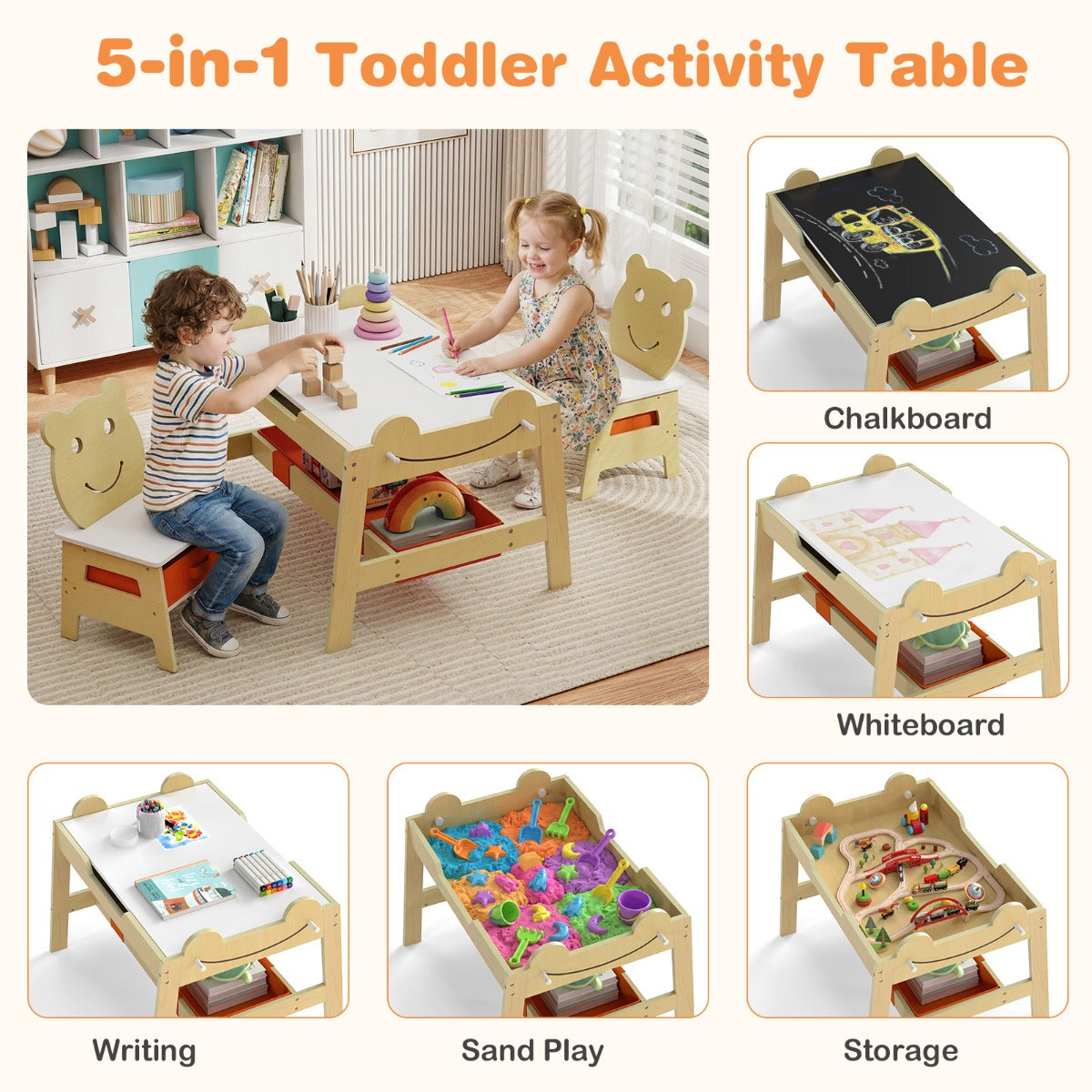 Livsk costway kindertafel met 2 stoelen 5 in 1 schattige kinderbureau set met omkeerbaar schoolbord whiteboard 4 haken opbergruimte en bakjes naturel model 2