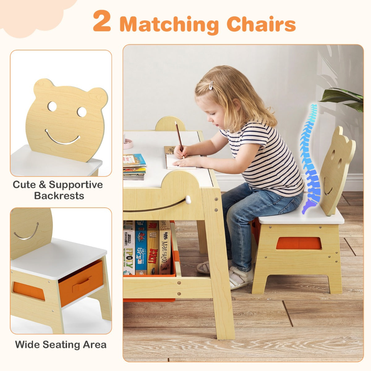 Livsk costway kindertafel met 2 stoelen 5 in 1 schattige kinderbureau set met omkeerbaar schoolbord whiteboard 4 haken opbergruimte en bakjes naturel model 2