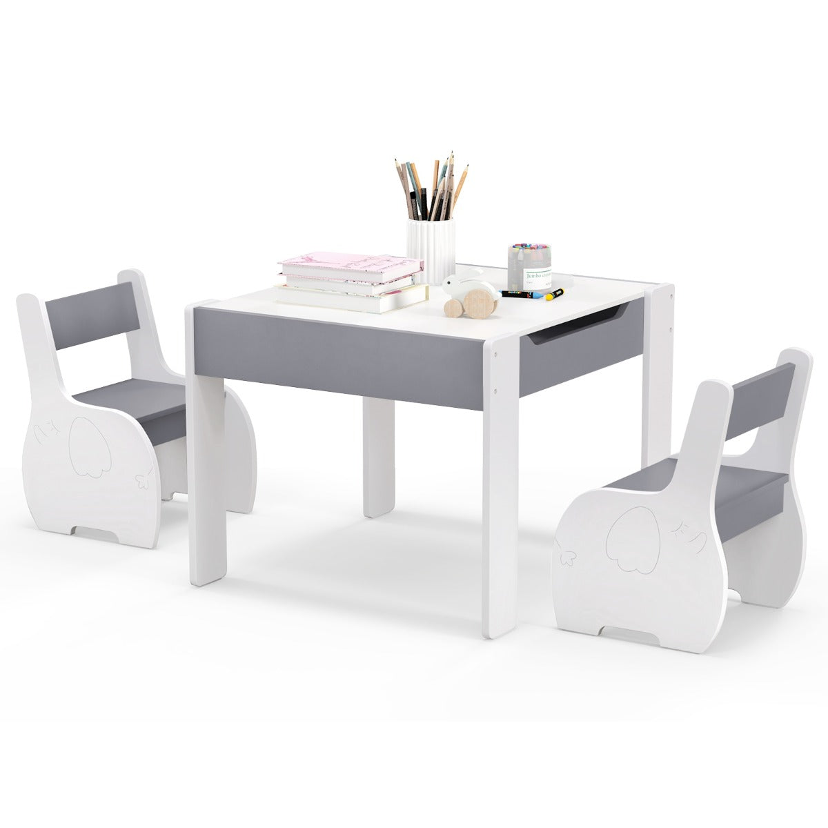 LIVSK 4-in-1 Speeltafel en Stoelen Set - Omkeerbare Platen - Ergonomische Stoelen - Ruime Opbergruimte - Voor Kinderen 3-6 jaar -