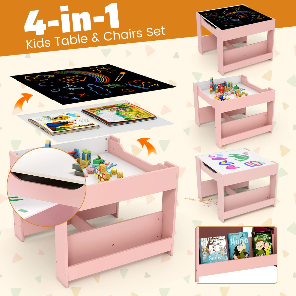 Livsk costway kindertafel met 2 stoelen omkeerbaar tafelblad boekenplanken 3 delige kindersitgroep wit roze 2