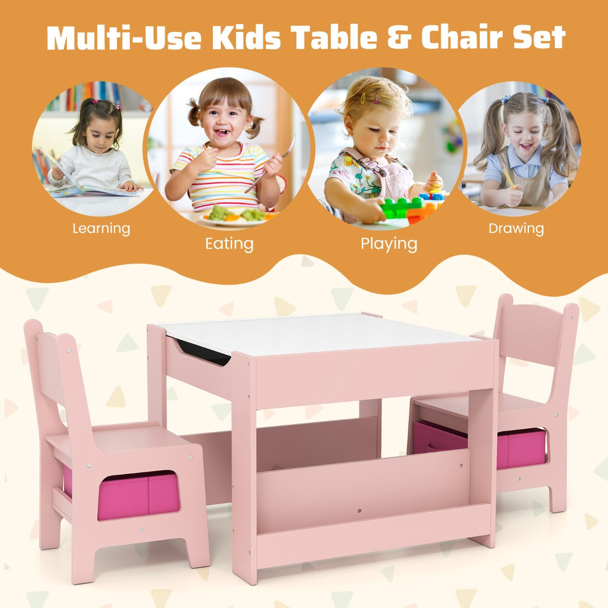 Livsk costway kindertafel met 2 stoelen omkeerbaar tafelblad boekenplanken 3 delige kindersitgroep wit roze 5