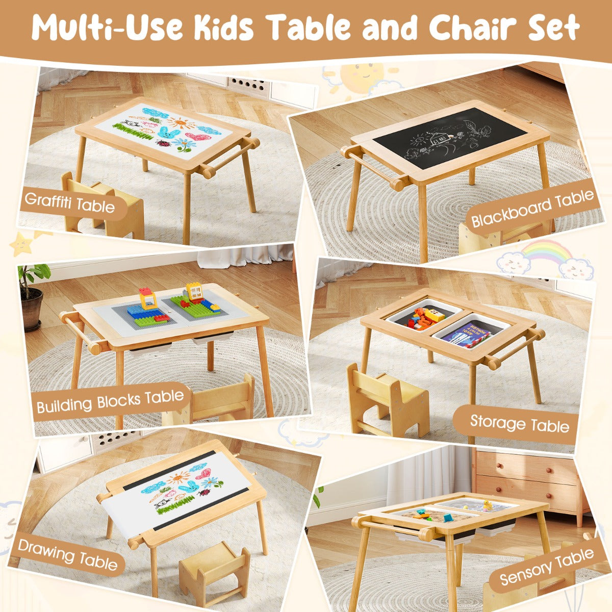 LIVSK Multifunctionele Kindertafel- en Stoelset - Verstelbare Hoogte - Afneembare Dubbelzijdige Bladen - Papierrolhouder - Blauw
