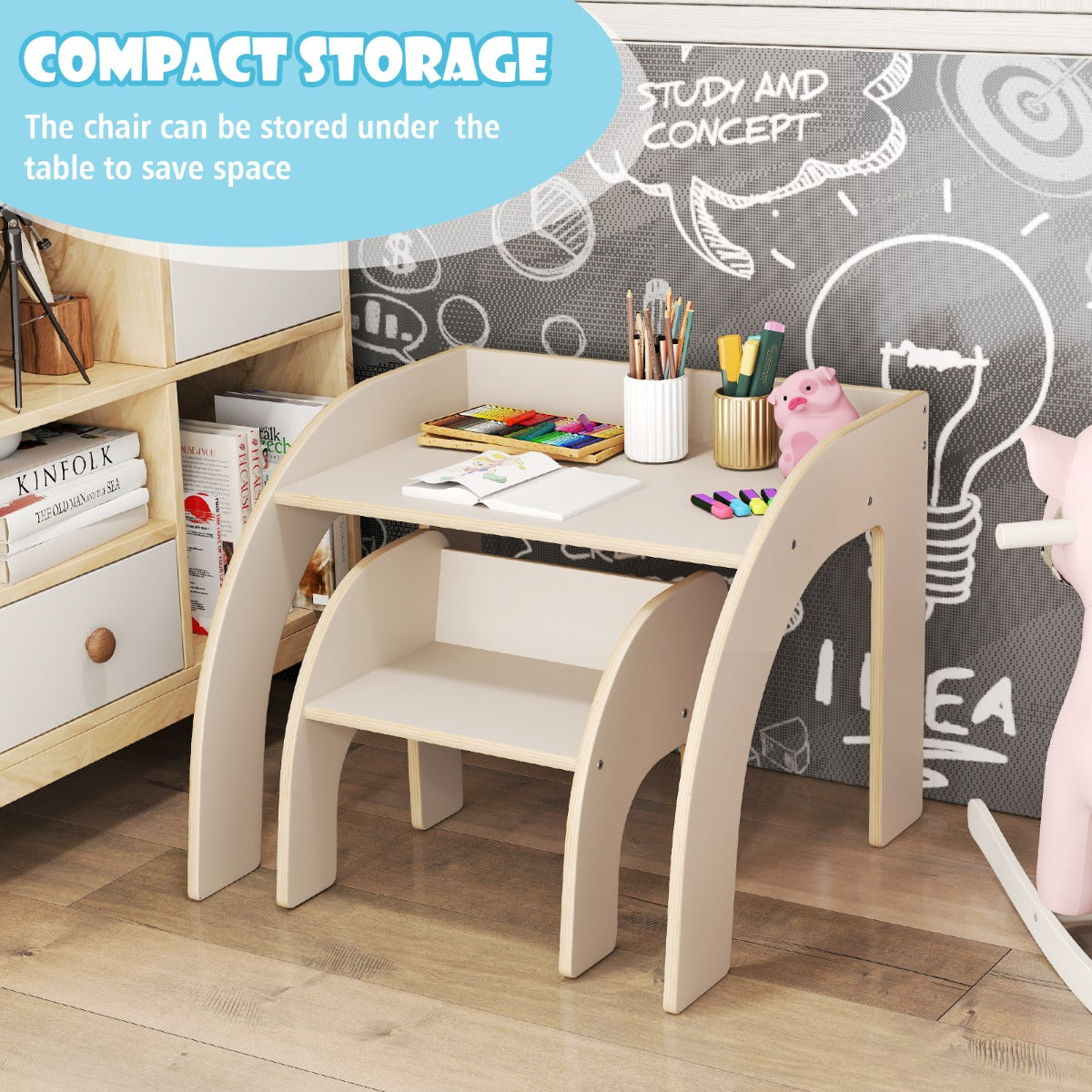 LIVSK Kindermeubelset - Kindertafel en Stoel - Ergonomisch en Veilig - Ruimte voor Activiteiten - Tot 70 kg - Natuur/Wit
