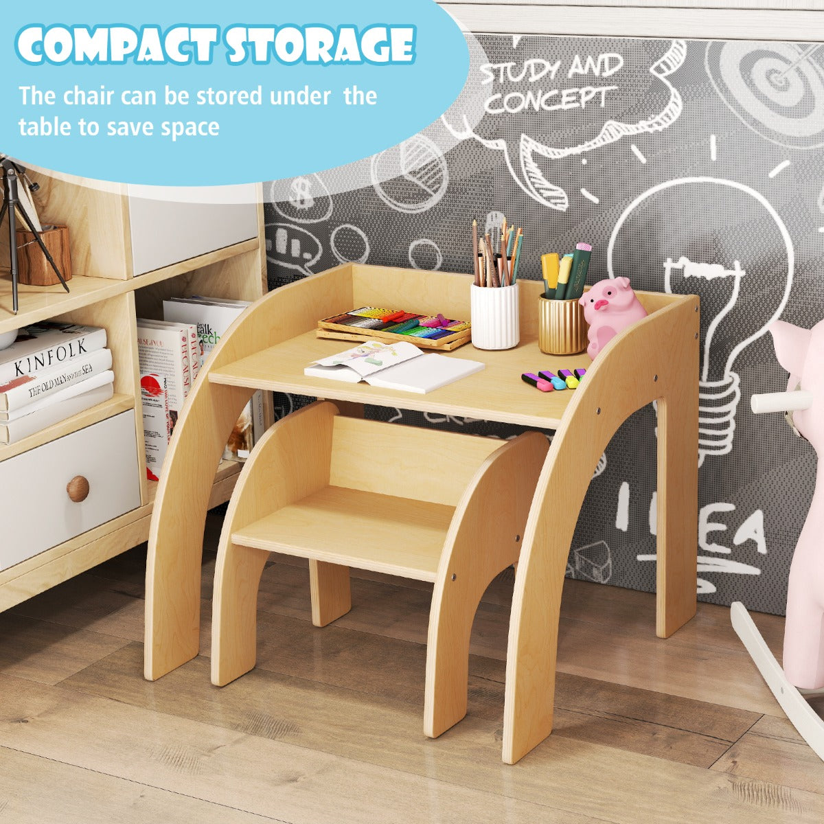 LIVSK Kindermeubelset - Tafel en Stoel voor Kinderen - Ergonomisch en Veilig - Ruimtebesparend - Tot 70 kg - Natuur / Wit