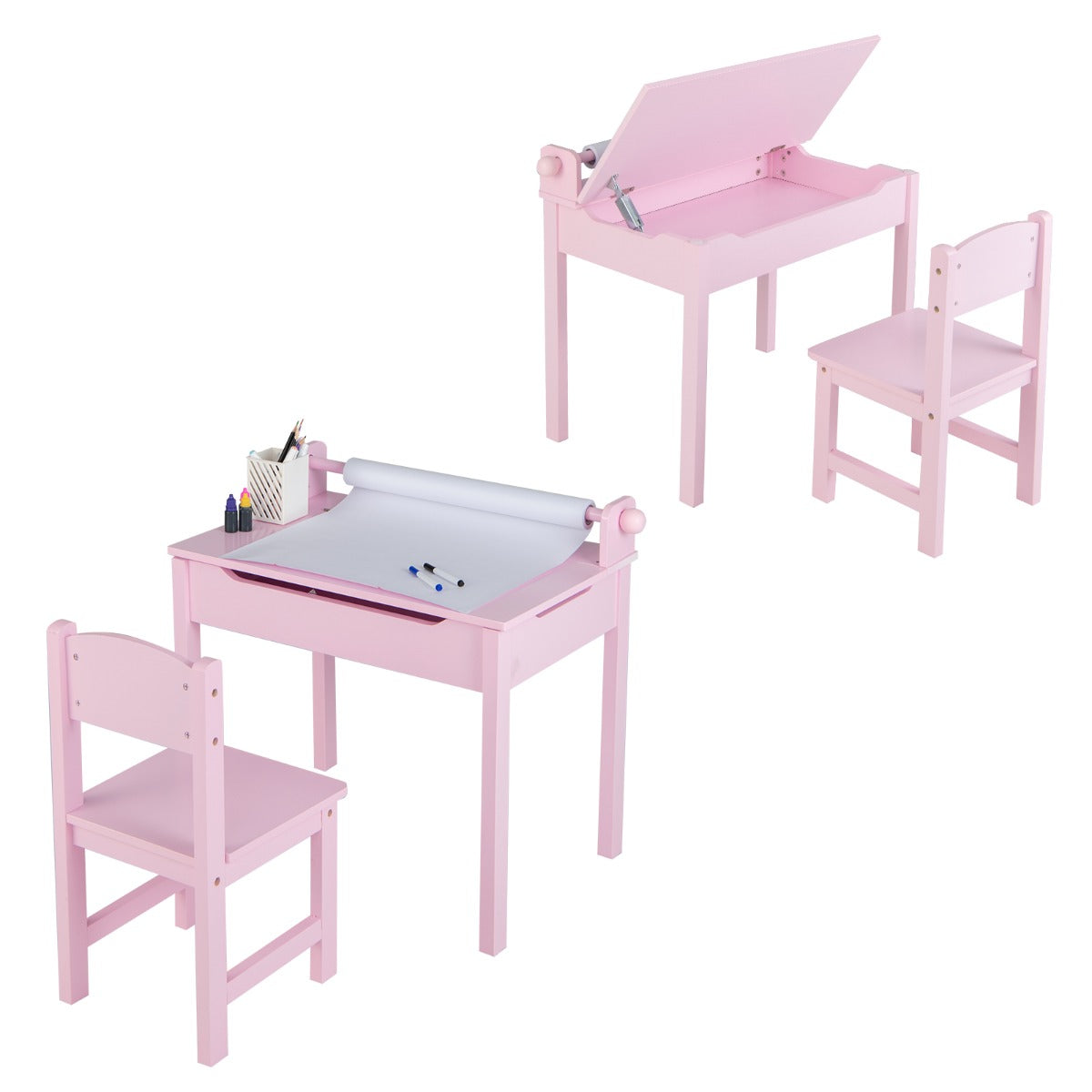 LIVSK Kindertafel- en Stoelenset - Opklapbaar met Opbergruimte - Veilig Kindvriendelijk Design - Massief Hout & MDF - Roze
