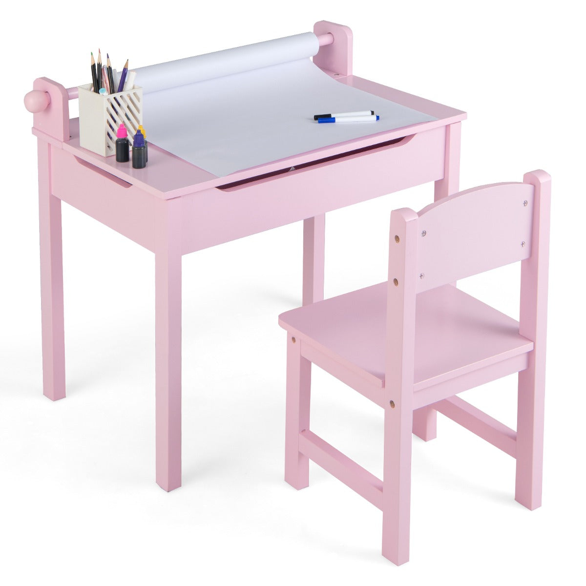 LIVSK Kindertafel- en Stoelenset - Opklapbaar met Opbergruimte - Veilig Kindvriendelijk Design - Massief Hout & MDF - Roze