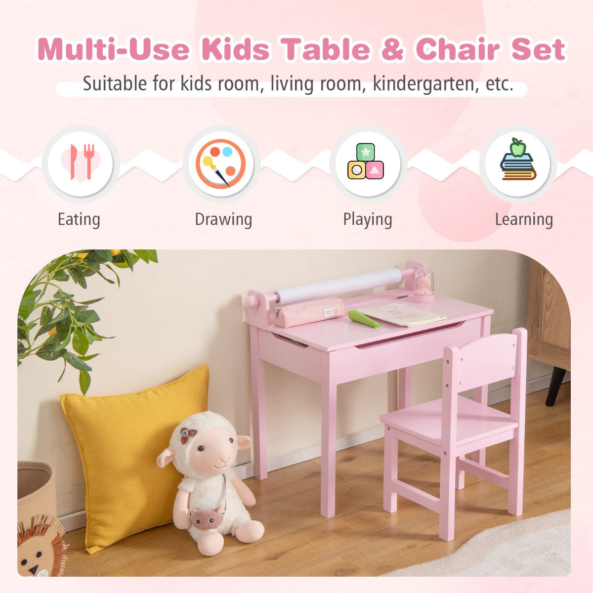 LIVSK Kindertafel- en Stoelenset - Opklapbaar met Opbergruimte - Veilig Kindvriendelijk Design - Massief Hout & MDF - Roze