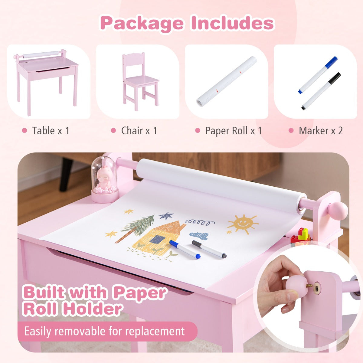 LIVSK Kindertafel- en Stoelenset - Opklapbaar met Opbergruimte - Veilig Kindvriendelijk Design - Massief Hout & MDF - Roze