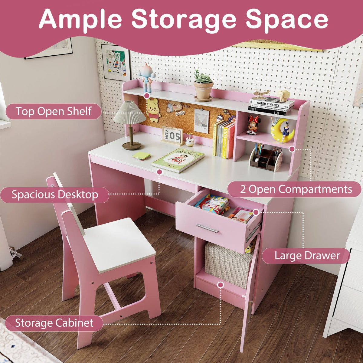 LIVSK Kinderschrijftafelset met Stoel - Veel Opbergruimte - Creatief Prikbord - Ergonomische Rugleuning - Voor Kinderen - Roze