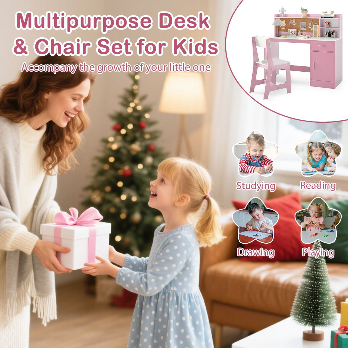 LIVSK Kinderschrijftafelset met Stoel - Veel Opbergruimte - Creatief Prikbord - Ergonomische Rugleuning - Voor Kinderen - Roze