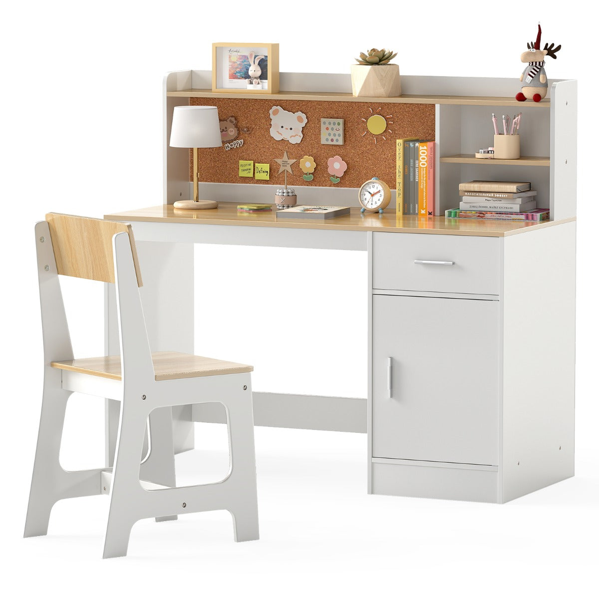 Livsk costway kindertafel stoel set kinderbureau van hout met planken lade natuur 1 1