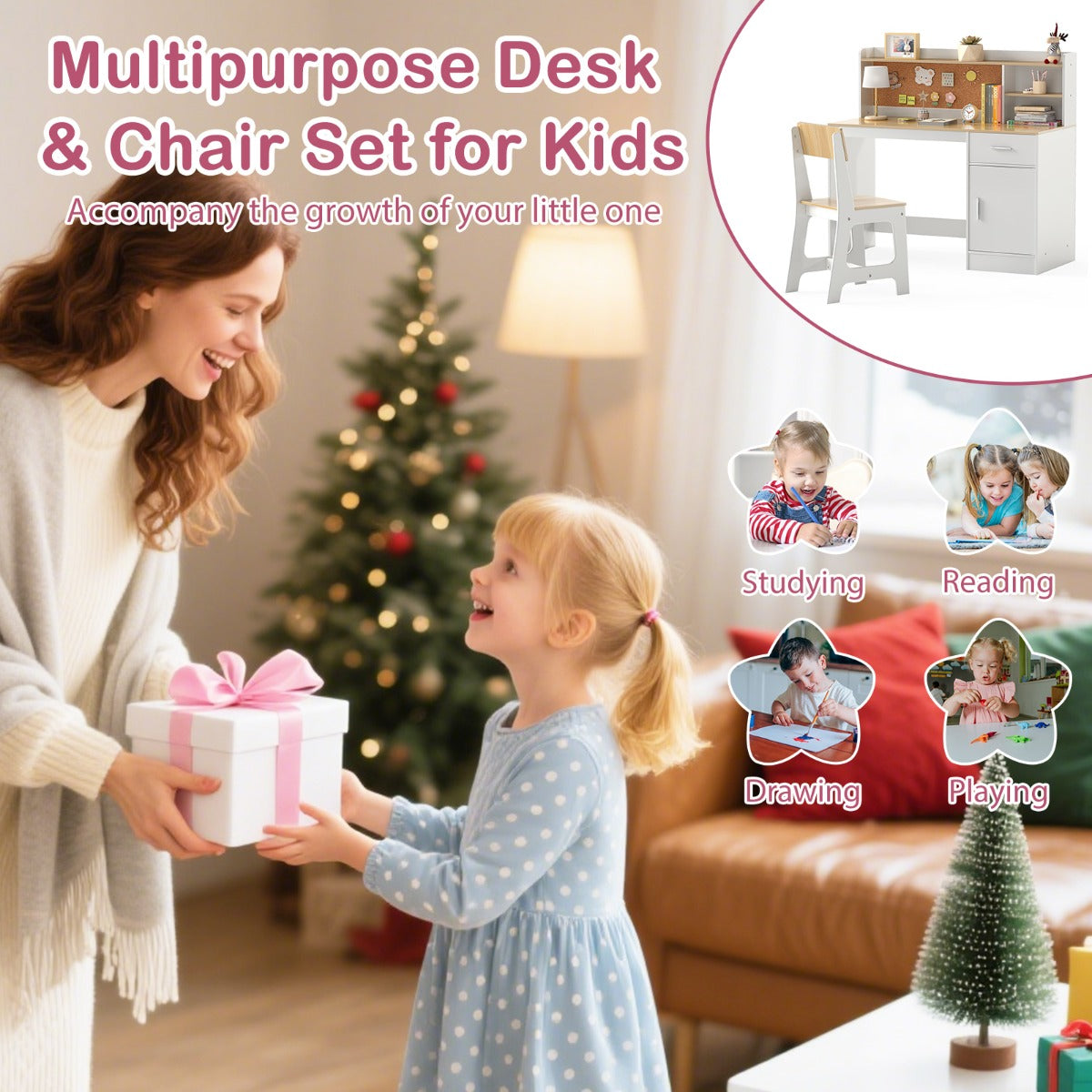 Livsk costway kindertafel stoel set kinderbureau van hout met planken lade natuur 6