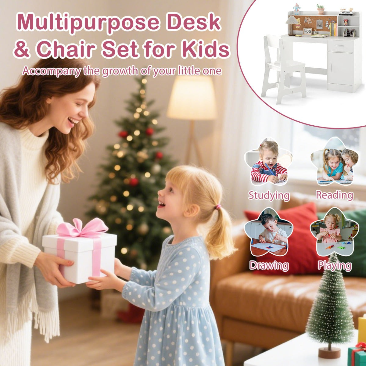 LIVSK Kinderschrijftafelset - Met Opbergplanken en Prikbord - Ergonomische Stoel - Voor Leren en Spelen - Wit
