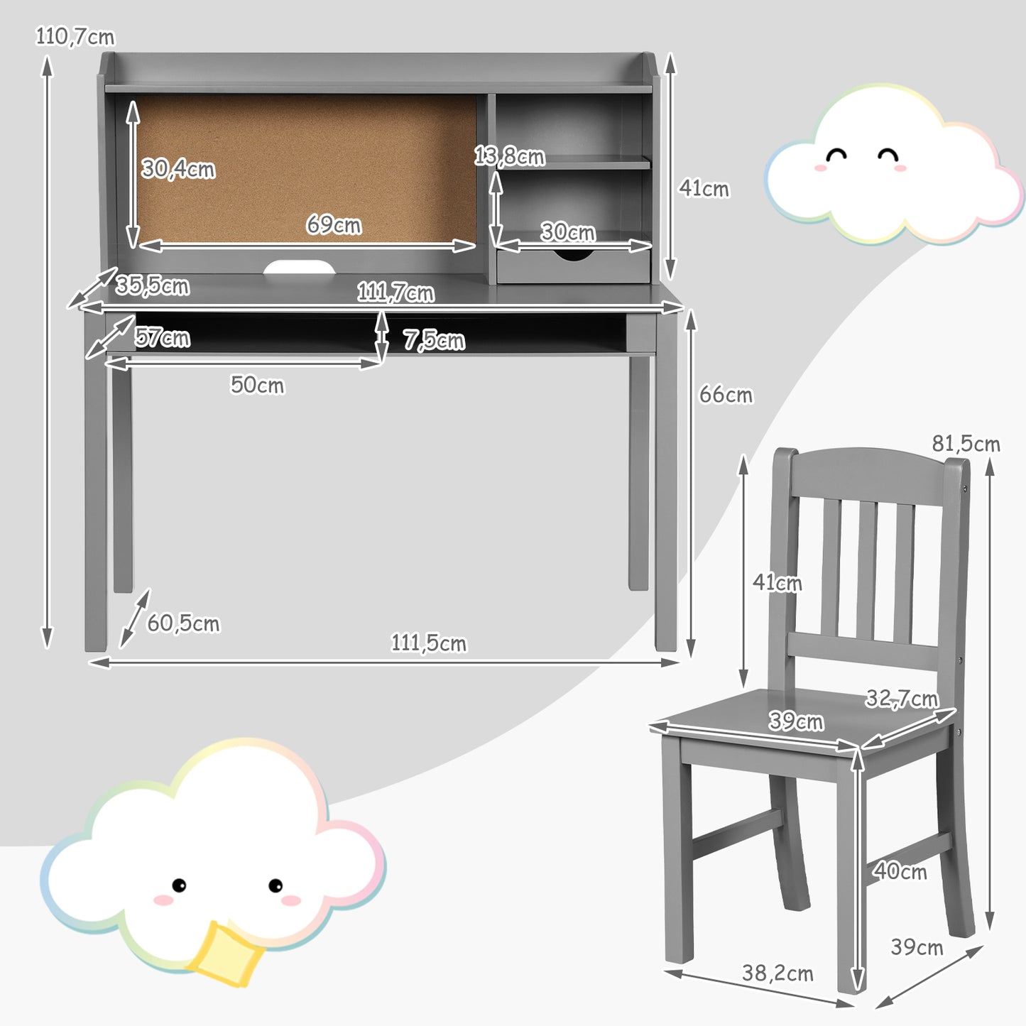 LIVSK Kinderschrijftafel met Prikbord en Stoel - Ruime Opbergruimte - Duurzaam MDF - Tot 80 kg - Voor Kinderen 5-12 jaar - Grijs