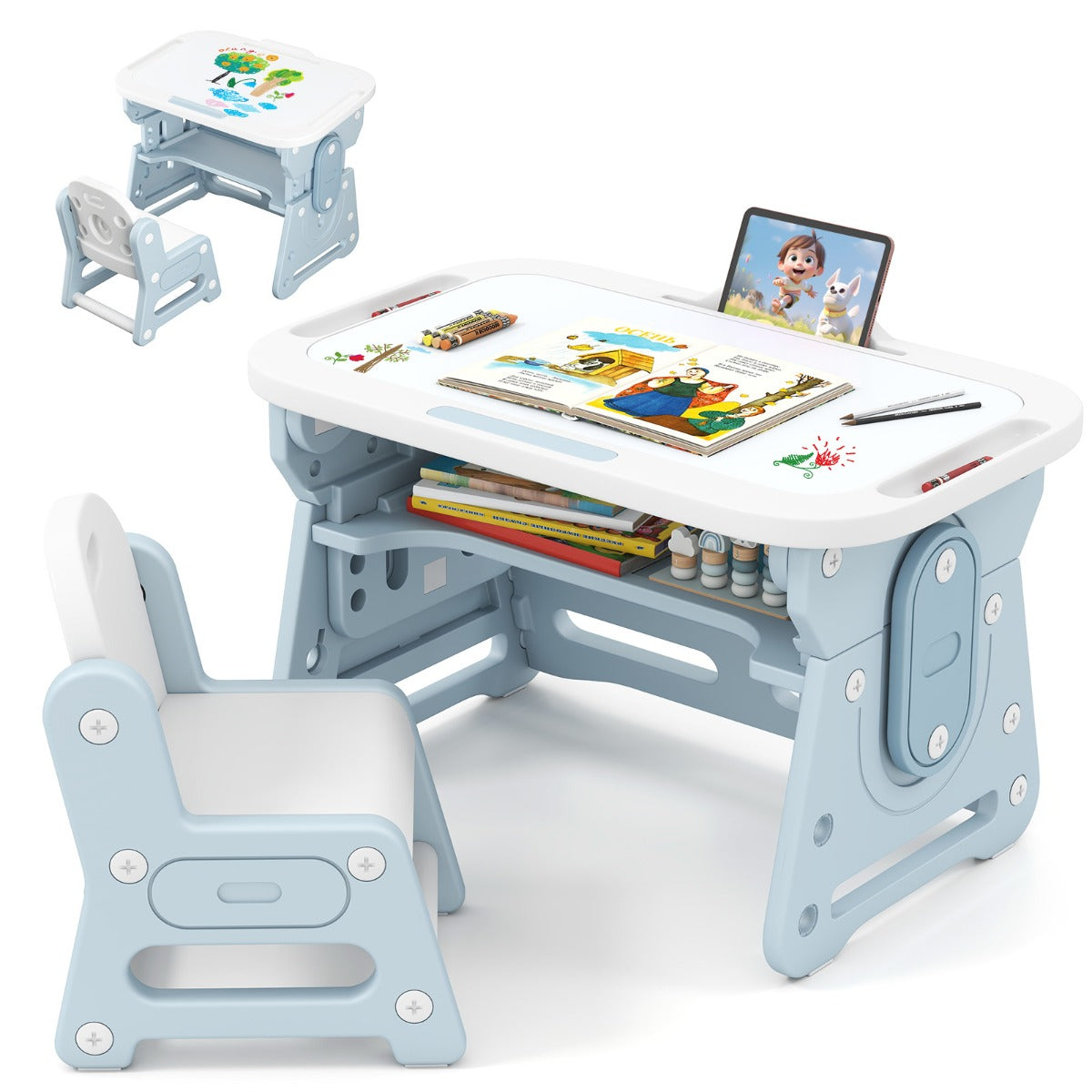LIVSK Kindertafel en Stoelset - Verstelbaar Whiteboard - Ergonomisch Design - Voldoende Opbergruimte - Blauw
