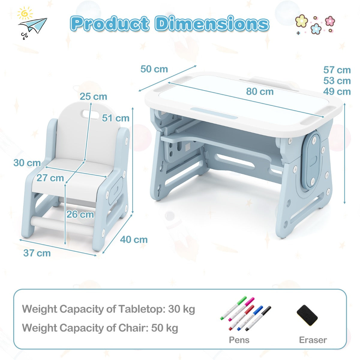 LIVSK Kindertafel en Stoelset - Verstelbaar Whiteboard - Ergonomisch Design - Voldoende Opbergruimte - Blauw