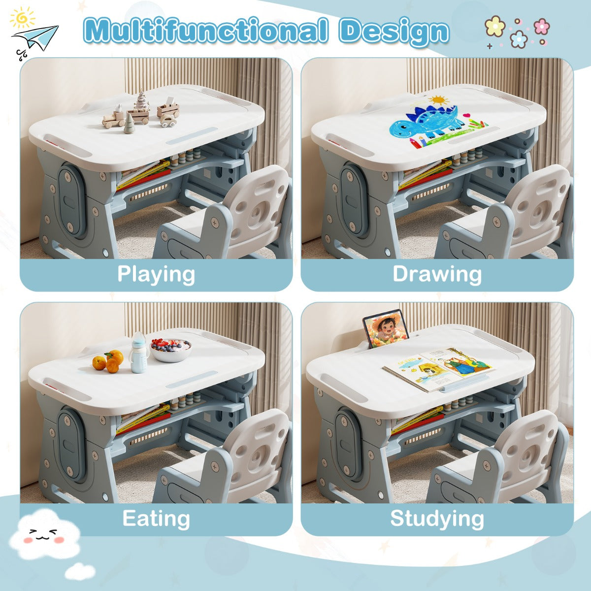 LIVSK Kindertafel en Stoelset - Verstelbaar Whiteboard - Ergonomisch Design - Voldoende Opbergruimte - Blauw