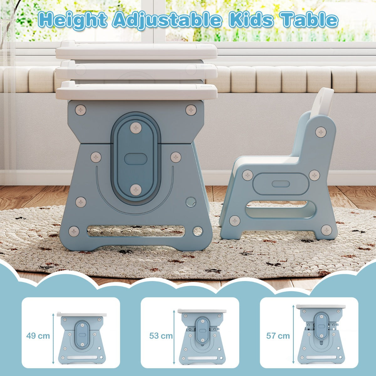 LIVSK Kindertafel en Stoelset - Verstelbaar Whiteboard - Ergonomisch Design - Voldoende Opbergruimte - Blauw