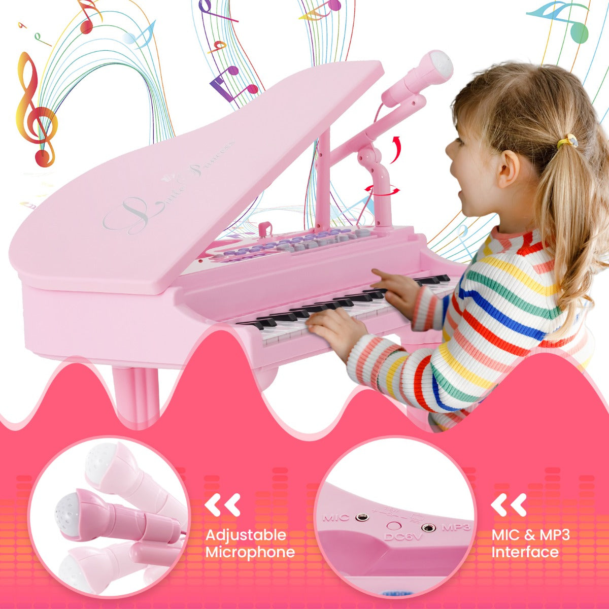 LIVSK Multifunctioneel Pianotoetsenbord Speelgoedpiano - 37 Toetsen - 8 Muziekstijlen - Led-Leer-Modus - Inclusief Microfoon -